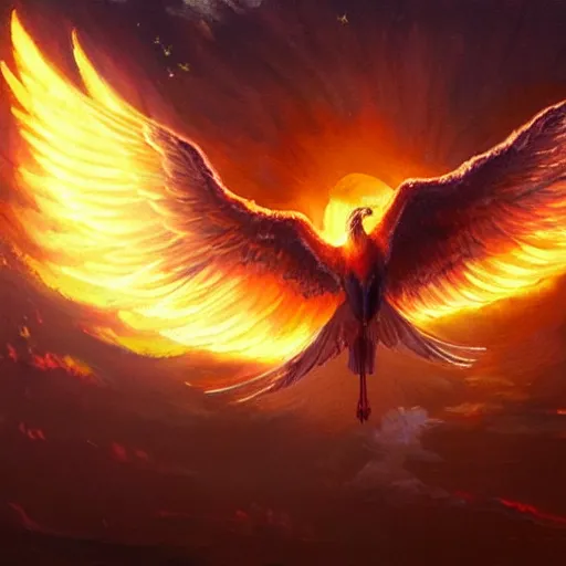 Image similar to phoenix flying in front of the moon, glowing light, fire, oil painting by greg rutkowski, 8 k