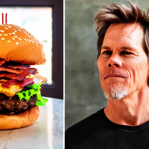 Image similar to kevin bacon profile portrait eating bacon burger soda fries, award winning food photography