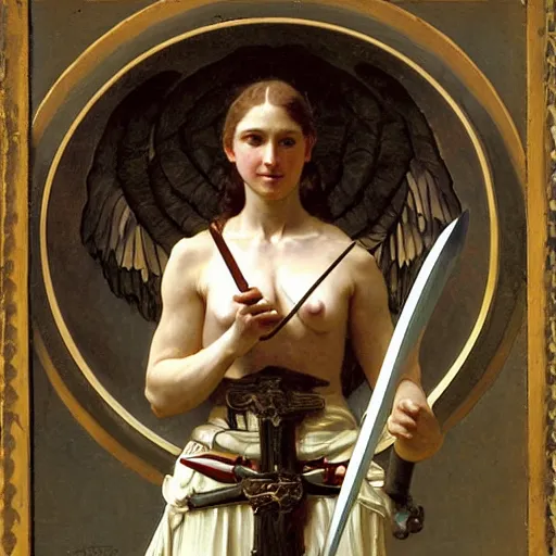 Image similar to portrait of a fully armed skeleton archer with big sword, wearing helmets and armor with wings, symmetrical, solemn, sacred, aura, by bouguereau h 7 6 8