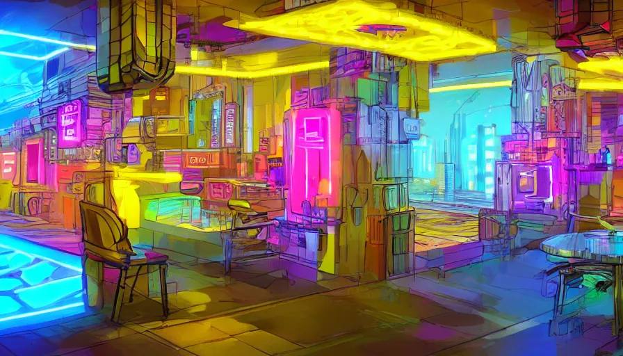 Image similar to concept art for a cyberpunk beehive, interior design, bright colors, neon signs