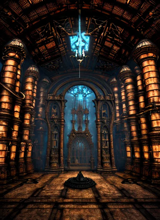 Image similar to steam necropolis, memento mori, gothic, neo - gothic, art nouveau, hyperdetailed copper patina medieval icon, stefan morrell, philippe druillet, ralph mcquarrie, concept art, steampunk, unreal engine, detailed intricate environment, octane render, moody atmospherics, volumetric lighting, ultrasharp, ominous, otherworldly