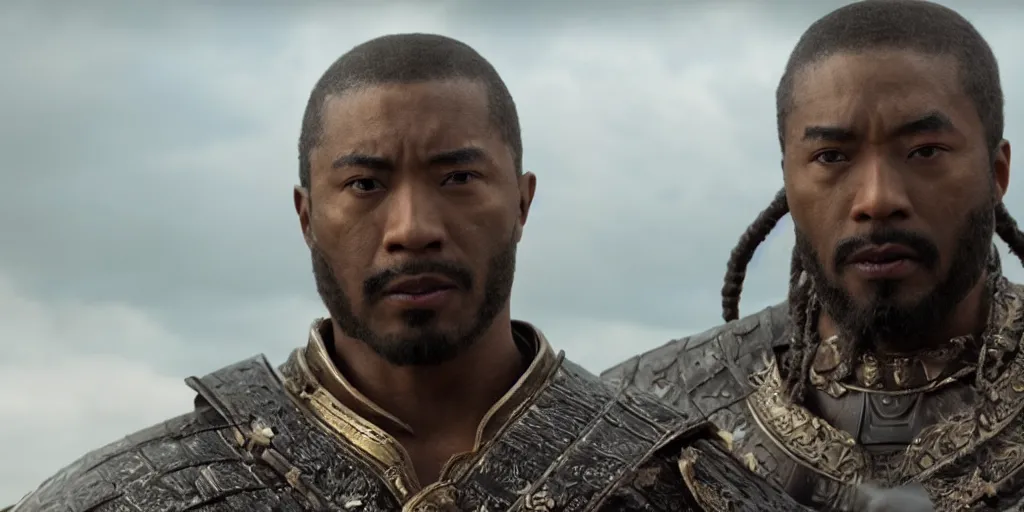 Image similar to a film still of a black man starring in a japanese blockbuster film as an ancient samurai, shallow depth of field, cinematic, award winning cgi, vfx, film still