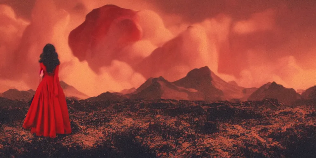 Prompt: vintage polaroid analog photo of a woman in a red dress on an alien planet, scifi, gigantic mountains, big clouds, lit from behind, 8k, unreal engine, warm azure tones, color bleed, film grain