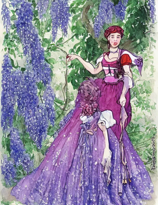 Prompt: middle eastern queen of the wisteria springs, wearing a lolita dress. this heavily stylized watercolor painting by an indie children's book illustrator has an interesting color scheme, plenty of details and impeccable lighting.