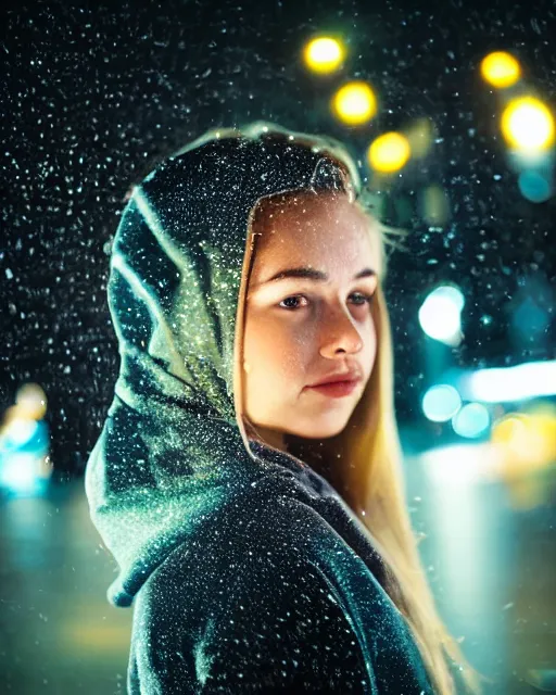 Prompt: a closeup portrait of as beautiful young woman wearing a transparent hoody standing in the middle of a busy night road, raining with lots on neon lights on the background, very backlit, moody feel, dramatic