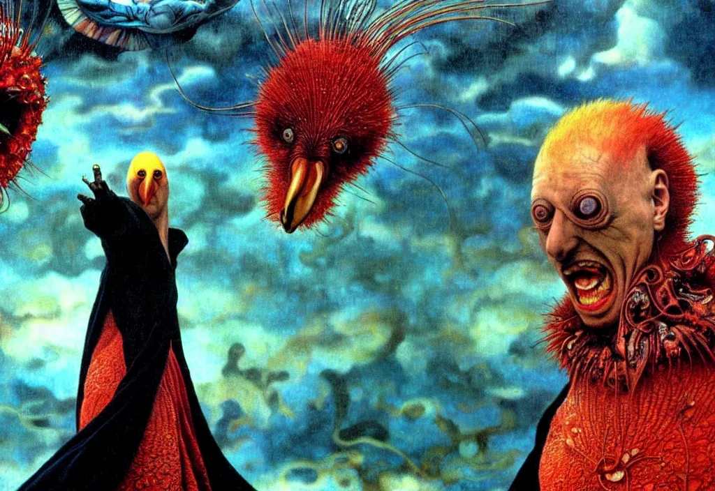 Prompt: realistic detailed portrait movie shot of a screaming birdman wearing black robes, sci fi city landscape background by denis villeneuve, amano, yves tanguy, alphonse mucha, ernst haeckel, max ernst, roger dean, masterpiece, rich moody colours, blue eyes