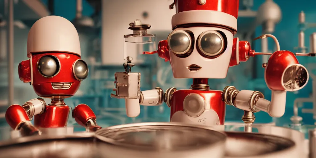 Image similar to closeup portrait of tin toy retro robot chef cooking pastry with vials in a chemical scientific lab, depth of field, zeiss lens, detailed, centered, fashion photoshoot, by nicoletta ceccoli, mark ryden, lostfish, breathtaking, 8 k resolution, extremely detailed, beautiful, establishing shot, artistic, hyperrealistic, octane render