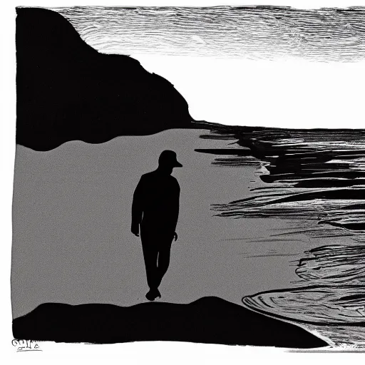 Prompt: ink and brush drawing of ben mendelsohn walking on the beach smoking, sunset