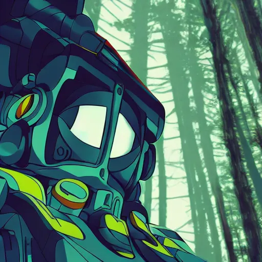 Image similar to close up pilot, looking up at giant mech, forest, key art, sharp lines, towering above a small person, aesthetic, anime, trigger, shigeto koyama, hiroyuki imaishi