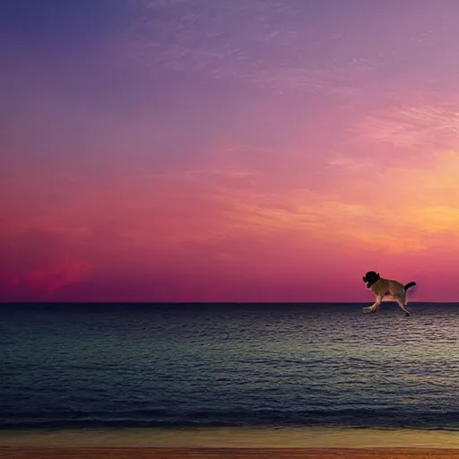 Prompt: dreamland blush colored sky covered with light feathery pink clouds on a reflective waveless flat open infinite ocean mirroring the sky with a pug sliding down an inflatable waterslide in the middle