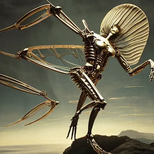 Image similar to still frame from Prometheus movie by Makoto Aida, flying biomechanical angel gynoid by giger, mimicking devil's flower mantis, metal couture by neri oxmn and Guo pei, flying angel editorial by Malczewski and by Caravaggio