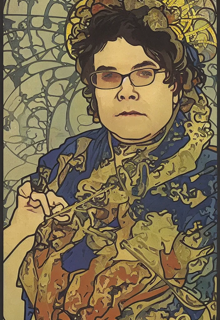 Image similar to Yann LeCun sitting on the throne on a tarot card, tarot in art style by Alphonse Mucha