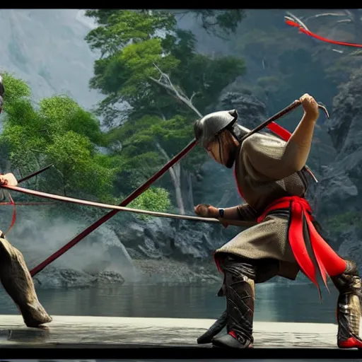 Image similar to an action fight scene between a samurai and a ninja, unreal engine, hyper realistic, high detail, cinematic, magic, japan, temples,