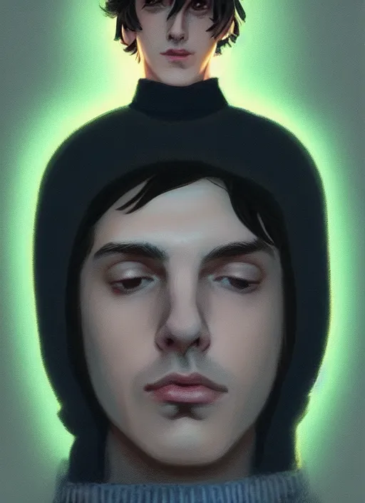 Image similar to portrait of teenage jughead jones wearing a light grey crown, crown, blue turtleneck, closed eyes, photorealistic, black hair, glowing lighting, intricate, elegant, glowing lights, highly detailed, digital painting, artstation, concept art, smooth, sharp focus, illustration, art by wlop, mars ravelo and greg rutkowski