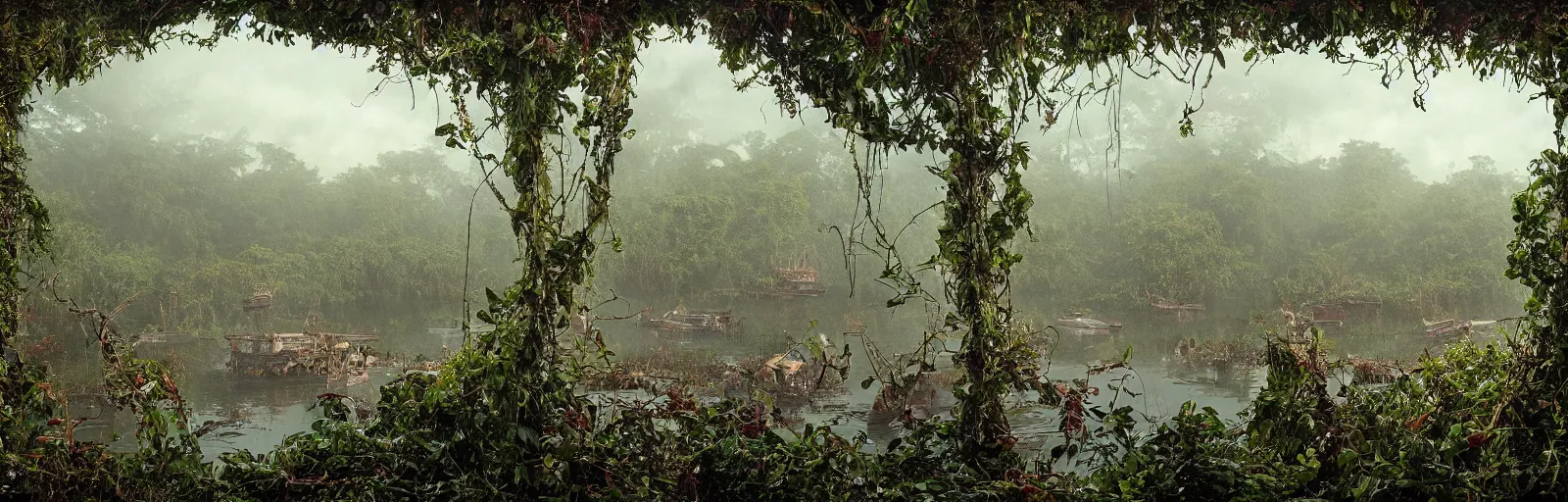 Prompt: A wooden, beautiful 1880's steamboat overgrown with intricate vines, flowers, snakes, anacondas and exotic vegetation floating down on the Amazon river. Faint lights from inside the ship. Steam. Birds circulating. The boat looks like an island. Ecosystem. Photo by Stanley Kubrick. Photorealistic. Sunset. Volumetric lights. Mist. hyper-maximalistic, with high detail, cinematic, 8k resolution, beautiful detail, insanely complex details.