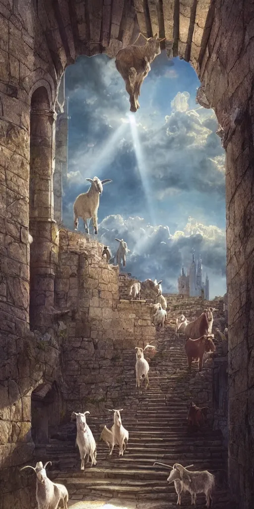 Image similar to a herd of goats! on stairs in a beautiful fantasy castle, medieval citadel, medieval cathedral, many goats, magic, tall towers, gorgeous clouds, colorful, sunrays, digital painting, landscape, octane render, unreal engine, high detail, very realistic, by greg rutkowski. by james gurney