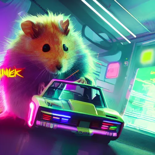 Image similar to hamster with rainbow fur in the style of cyberpunk 2 0 7 7, 8 k, hd, light reflection