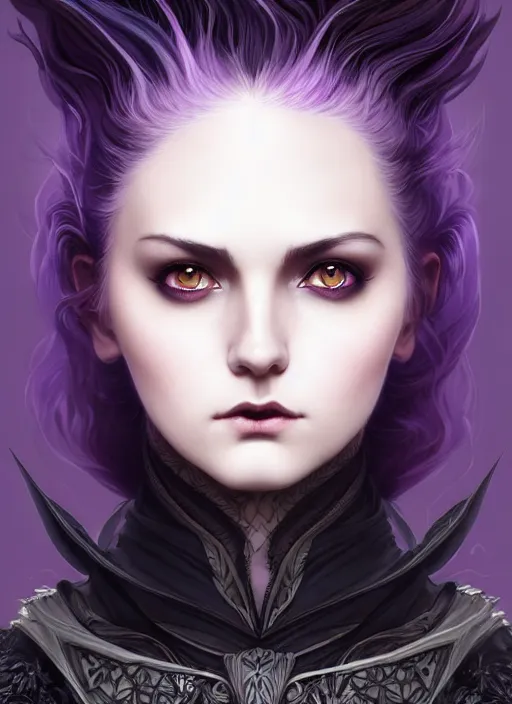 Image similar to symmetrical close up portrait dark witch, adventurer outfit large cloak, fantasy forest landscape, dragon scales, fantasy magic, undercut hairstyle, short purple black fade hair, dark light night, intricate, elegant, sharp focus, illustration, highly detailed, digital painting, concept art, matte, art by wlop and artgerm and greg rutkowski and alphonse mucha, masterpiece