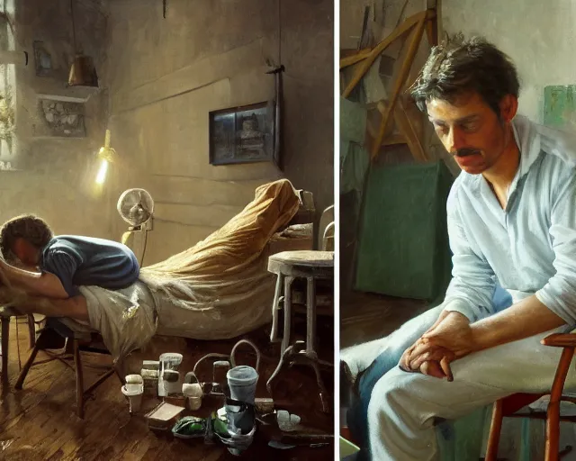 Image similar to an exhausted painter in his studio painting a picture of a pepe the frog - key lighting, soft lights, foggy, by steve hanks, by lisa yuskavage, by serov valentin, by tarkovsky, 8 k render, detailed, oil on canvas