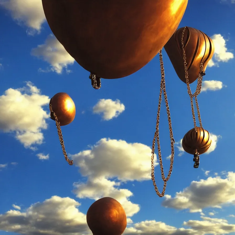 Image similar to beautiful blimps!!! high in the sky, copper chains hanging from the edges, ( ( ( steampunk styled ) ) ), ( ( golden hour ) ), steam clouds, clouds, award winning photography, highly detailed, low poly, extremely wide angle