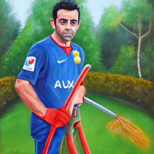 Prompt: high quality oil painting of Xavi Hernandez as a professional gardener posing for camera
