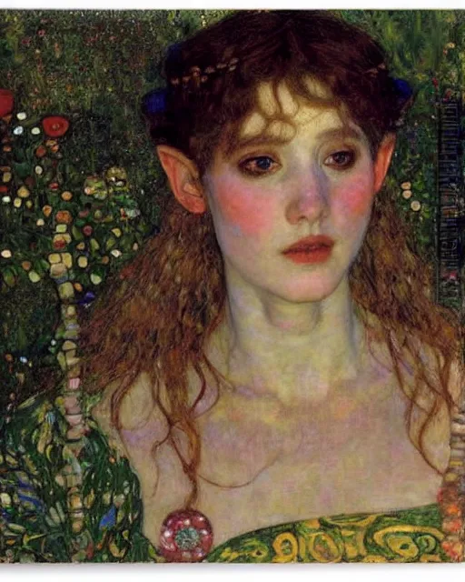 Prompt: an elf princess by Gustav Klimt and edgar maxence