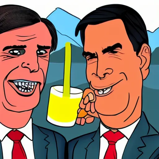 Prompt: cartoon drawing of Bolsonaro and Lula together drinking a lemon drink with Rio de Janeiro mountains on the background