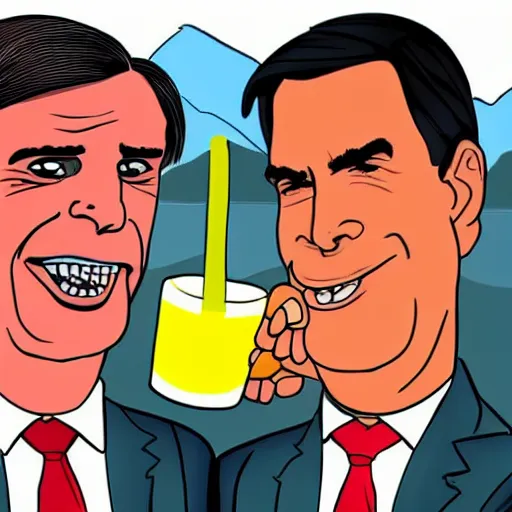 Image similar to cartoon drawing of Bolsonaro and Lula together drinking a lemon drink with Rio de Janeiro mountains on the background