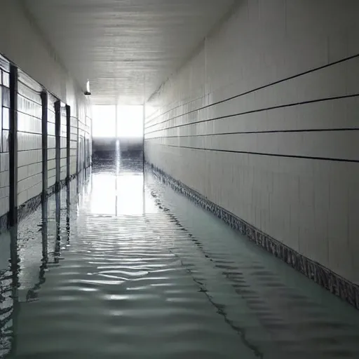 Image similar to photo of a vast interior space of irregular rooms and corridors, bizarre architecture. ceramic white tiles on all the walls. the floor is flooded with one meter deep water. eerie