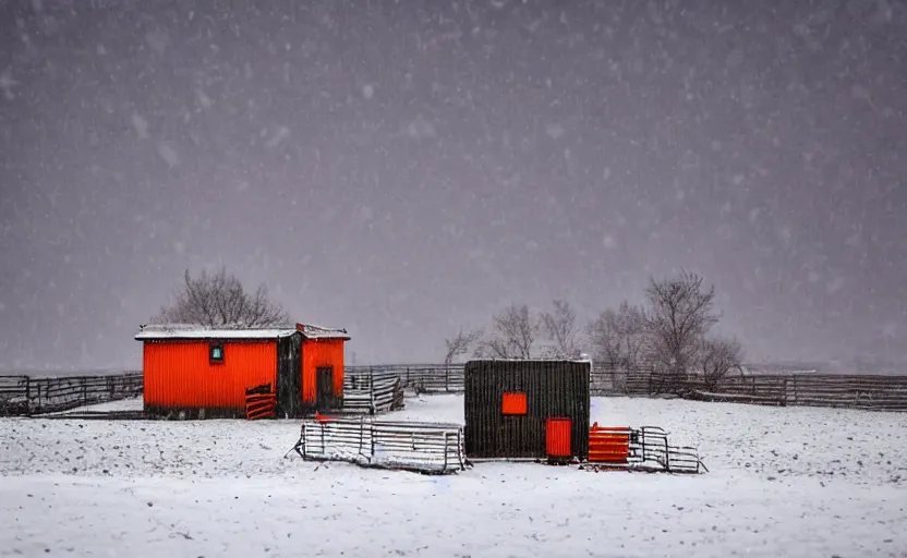 Prompt: Snowy Landscape with Blizzard and heavy snow, a Small shack in the distance with orange lights in the windows