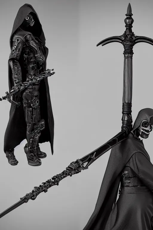 Image similar to Cybernetic Grim Reaper, dark cloak, holding a scythe, 8k octane rendered, photo realistic, highly detailed, intricate