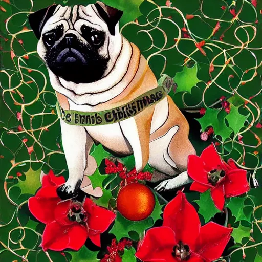 Prompt: christmas card, pug black infront of leg, high beauty vine, artstation, ample lighting, flower mosaic, dna, intense fantasy