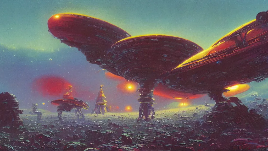 Image similar to spaceship landing on a strange eerie alien planet by Paul Lehr and Bruce Pennington