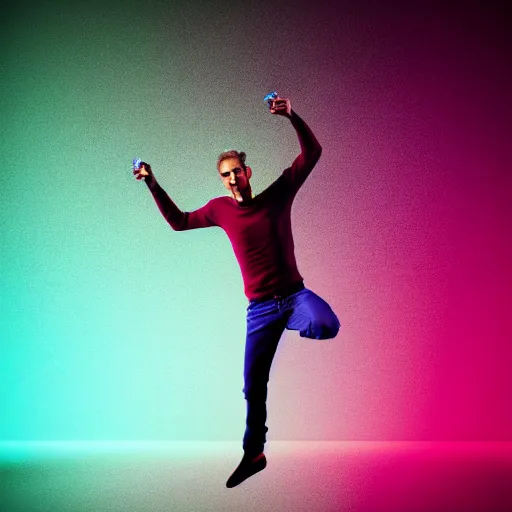 Image similar to A male model boisterously dancing around the room by himself holding an empty wine bottle as he jumps in the air by Lynda Benglis, octane render, 4k, 8k, (sharp) , very very beautiful, stunning, twisted, vanishing, transparent, ethereal