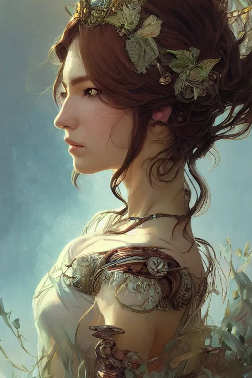 Prompt: up close portrait of a beautiful fae looking off to the side, d & d, face, fantasy, intricate, elegant, highly detailed, digital painting, artstation, concept art, smooth, sharp focus, illustration, art by artgerm and greg rutkowski and alphonse mucha