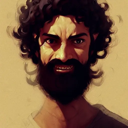 Image similar to a happy merchant jew wearing kippah!!!, evil, tricky, black curly beard, black curly hair, black eyes, hooked nose, by greg rutkowski, artstation, by artgerm, by wlop