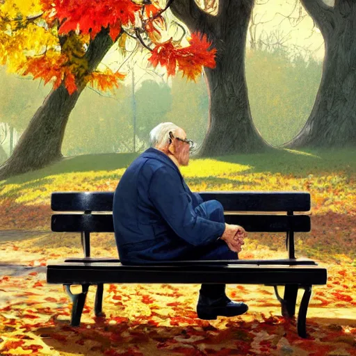 Prompt: 1940s old man sitting on a bench in a city park, colorful autumn, highly detailed, digital painting, artstation, concept art, sharp focus, illustration, art by artgerm and greg rutkowski and alphonse mucha