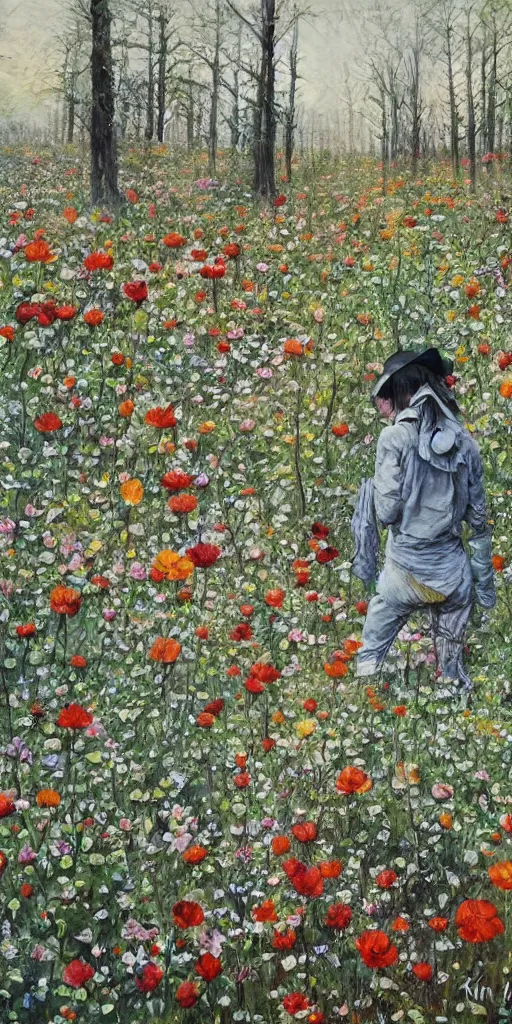 Image similar to oil painting scene from flower fields in the forest by kim jung gi