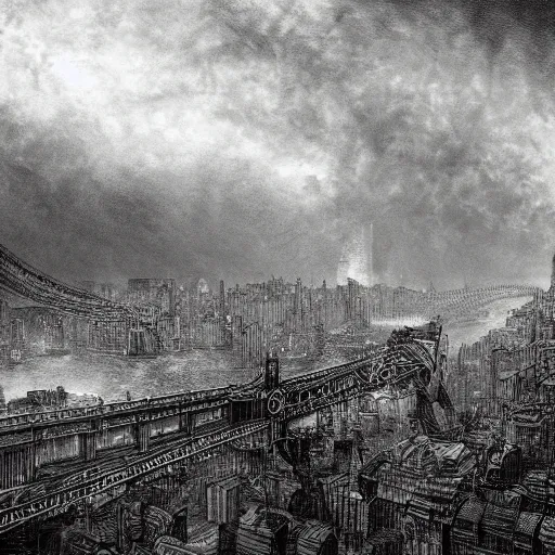 Image similar to dieselpunk city pollution river fog wires high detailed drawn by gustave dore perspective wide angle