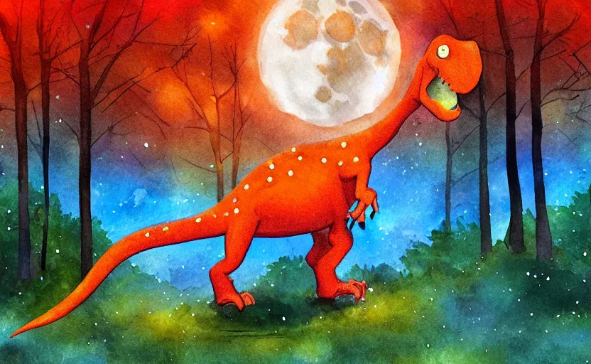 Prompt: a friendly orange dinosaur walking in the forest at night, moon, stars, water color, digital art