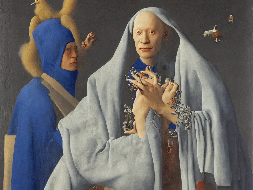 Prompt: Portrait of albino mystic with blue eyes, with exotic meteor. Painting by Jan van Eyck, Audubon, Rene Magritte, Agnes Pelton, Max Ernst, Walton Ford