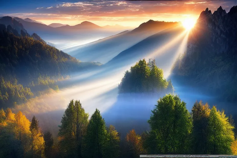 Prompt: landscape photography of romania by marc adamus, morning, mist, rays of light, beautiful