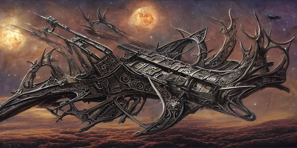 Prompt: baphomet spaceship!!!!! with antler made with porcelain by jeff easley and peter elson, galaxy, gothic, surreal, dread scary spaceship, highly detailed, intricate complexity, epic composition, magical atmosphere, masterpiece, award winning, trending on artstation