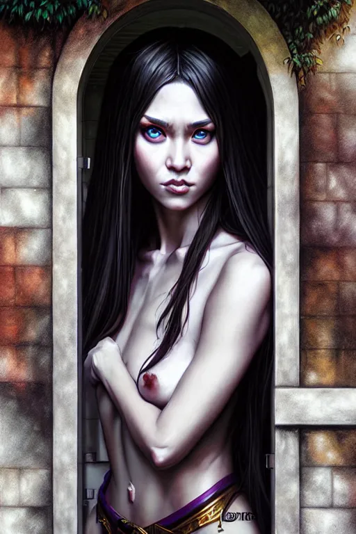 Image similar to Photorealistic hyperrealism priestess in a shady backalley by Artgerm and WLOP