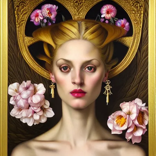 Image similar to centered portrait composition, woman with blonde hair full of spring flowers wearing ornate earrings, ornate gilded details, pastel colors, a surrealist painting by tom bagshaw and jacek yerga and tamara de lempicka and jesse king, wiccan, pre - raphaelite, featured on cgsociety, pop surrealism, surrealist, dramatic lighting