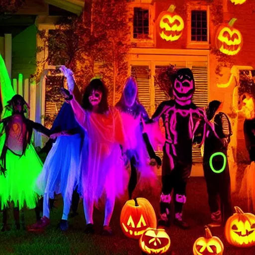 Prompt: Halloween Haunted House Party Purple and Orange lights Blacklight Costume Dance Party Spooky Ghosts Monsters Action Glowing Vibrant