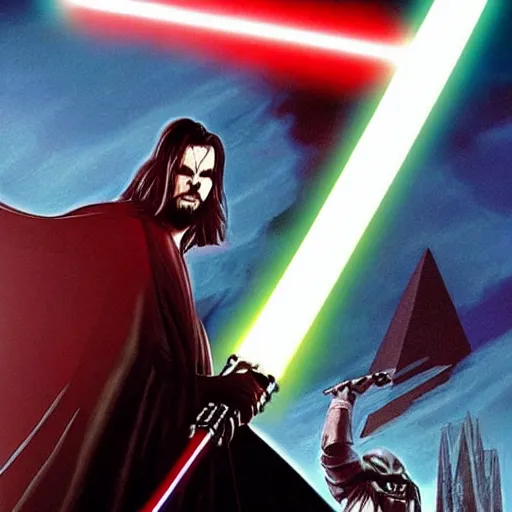 Image similar to morbius. morbius!!!!!!!!!! morbius. morbius holding a lightsaber. and darth vader, pyramids in background.