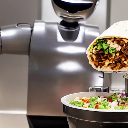 An arm robot cooking on a table preparing tacos in a food truck on Craiyon