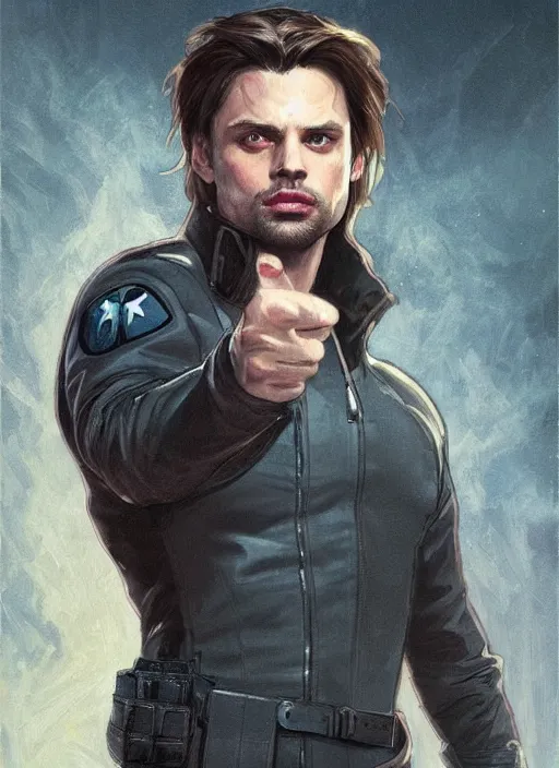 Image similar to sebastian stan as the winter soldier painted by artgerm and greg rutkowski and alphonse mucha