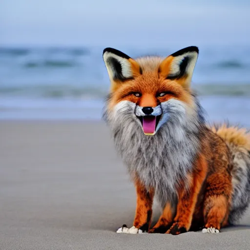 Prompt: a photorealistic adorable fierce furry monster with long fur long floppy rabbit ears chubby body and fox body and wolf legs with thick stubby claws, fox colored fur, grinning at the camera showing sharp teeth, with a mischievous grin, happy lighting, at a tropical beach